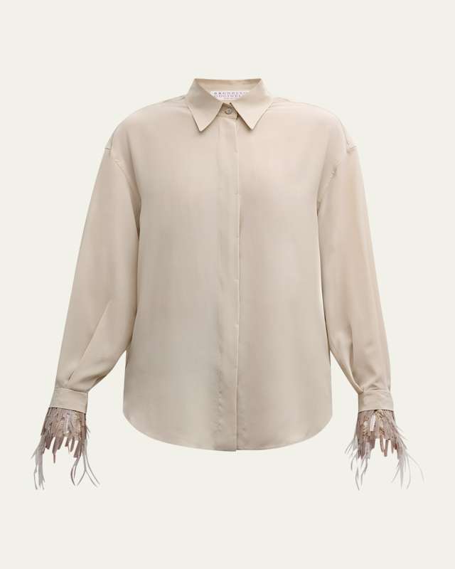 Chandelier Feather-Cuff Crepe De Chine Blouse